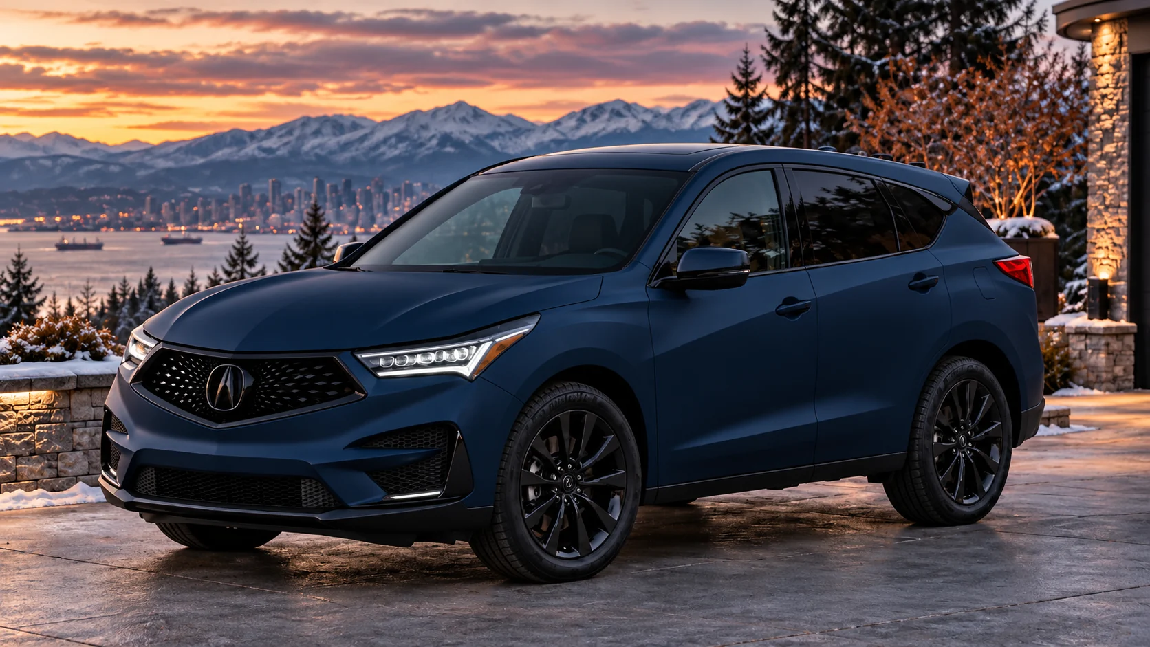 A navy Acura RDX at sunset above Vancouver